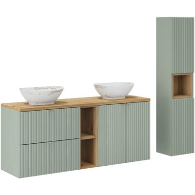 Set mobilier baie Line Reed Green 140 cm, dulap inalt si masca dubla cu lavoar, Comad, MDF/PAL, verde Set mobilier baie Line Reed Green 140 cm, dulap inalt si masca dubla cu lavoar, Comad, MDF/PAL, verde