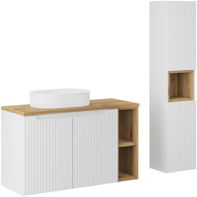 Set mobilier baie Nova White Beyond 100 cm, dulap inalt si masca cu lavoar, Comad, MDF/PAL, alb/stejar Set mobilier baie Nova White Beyond 100 cm, dulap inalt si masca cu lavoar, Comad, MDF/PAL, alb/stejar