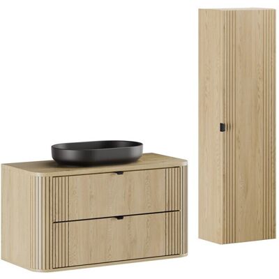 Set mobilier baie, Ovalia Cremona River 100 cm, dulap inalt si masca cu lavoar, Comad, MDF/PAL, stejar Set mobilier baie, Ovalia Cremona River 100 cm, dulap inalt si masca cu lavoar, Comad, MDF/PAL, stejar
