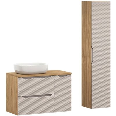 Set mobilier baie Ocean Beige 90 cm, dulap inalt si masca cu lavoar, Comad, MDF/PAL, bej Set mobilier baie Ocean Beige 90 cm, dulap inalt si masca cu lavoar, Comad, MDF/PAL, bej