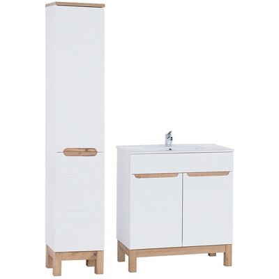 Set mobilier baie Bali White Lava 80 cm 804, dulap inalt si masca cu lavoar, Comad, MDF/PAL, alb Set mobilier baie Bali White Lava 80 cm 804, dulap inalt si masca cu lavoar, Comad, MDF/PAL, alb