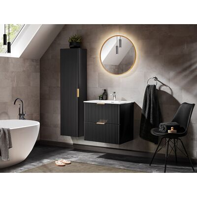 Set mobilier Adel Black 60 cm, dulap inalt, masca cu lavoar si oglinda, Comad, MDF/PAL, negru Set mobilier Adel Black 60 cm, dulap inalt, masca cu lavoar si oglinda, Comad, MDF/PAL, negru