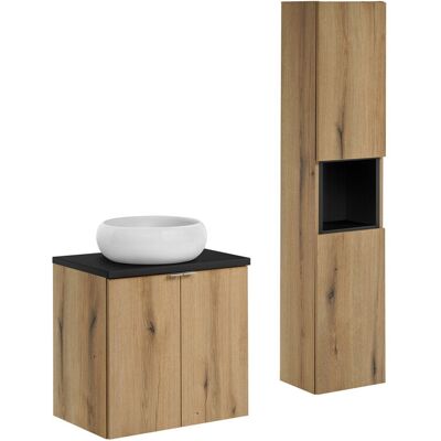 Set mobilier baie, Nova Oak 60 cm D, dulap inalt si masca cu lavoar, Comad, MDF/PAL, stejar/negru Set mobilier baie, Nova Oak 60 cm D, dulap inalt si masca cu lavoar, Comad, MDF/PAL, stejar/negru