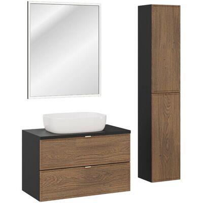 Set mobilier baie Talia Casella 80 cm, dulap inalt, masca cu lavoar si oglinda LED, Comad, MDF/PAL, stejar/negru mat Set mobilier baie Talia Casella 80 cm, dulap inalt, masca cu lavoar si oglinda LED, Comad, MDF/PAL, stejar/negru mat