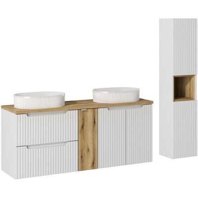 Set mobilier baie Nova White Beyond 140 cm D, dulap inalt si masca dubla cu lavoar, Comad, MDF/PAL, alb/stejar Set mobilier baie Nova White Beyond 140 cm D, dulap inalt si masca dubla cu lavoar, Comad, MDF/PAL, alb/stejar