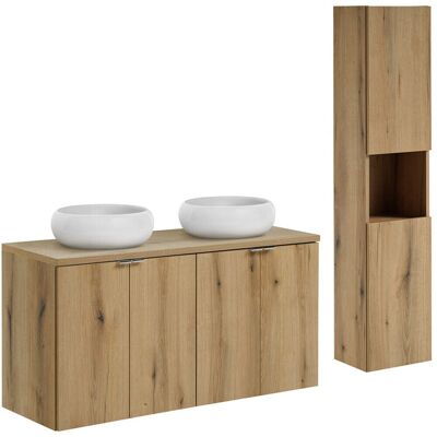 Set mobilier baie Nova Oak 120 cm, dulap inalt si masca dubla cu lavoar, Comad, PAL, stejar Set mobilier baie Nova Oak 120 cm, dulap inalt si masca dubla cu lavoar, Comad, PAL, stejar