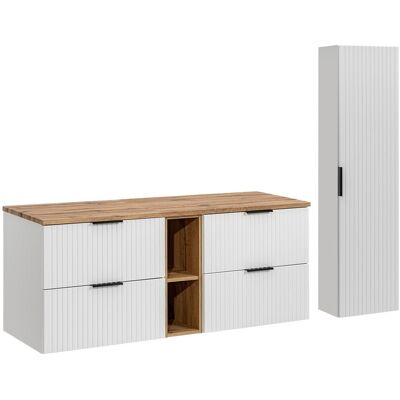 Set mobilier baie Adel White Wotan 140 cm HC, dulap inalt si masca dubla lavoar, Comad, MDF/PAL, alb mat/stejar Set mobilier baie Adel White Wotan 140 cm HC, dulap inalt si masca dubla lavoar, Comad, MDF/PAL, alb mat/stejar