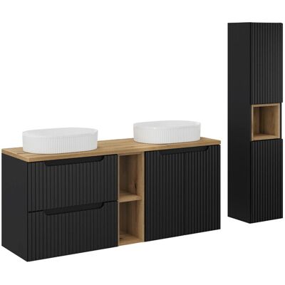 Set mobilier baie Nova Black Beyond 140 cm, dulap inalt si masca dubla cu lavoar si raft, Comad, MDF/PAL, negru/stejar Set mobilier baie Nova Black Beyond 140 cm, dulap inalt si masca dubla cu lavoar si raft, Comad, MDF/PAL, negru/stejar