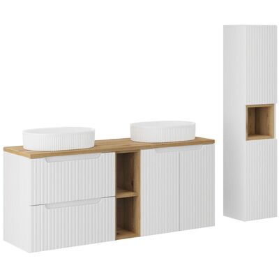 Set mobilier baie Nova White Beyond 140 cm, dulap inalt si masca dubla cu lavoar, Comad, MDF/PAL, alb/stejar Set mobilier baie Nova White Beyond 140 cm, dulap inalt si masca dubla cu lavoar, Comad, MDF/PAL, alb/stejar