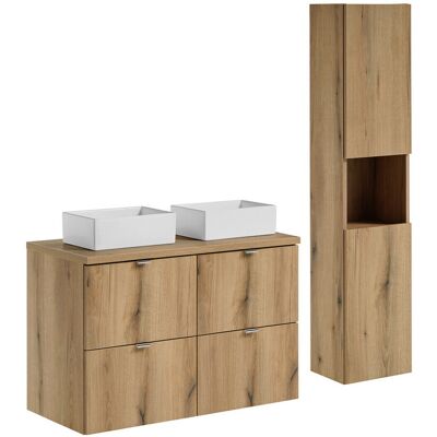 Set mobilier baie, Nova Oak 100 cm, dulap inalt si masca dubla cu lavoar, Comad, PAL, stejar Set mobilier baie, Nova Oak 100 cm, dulap inalt si masca dubla cu lavoar, Comad, PAL, stejar