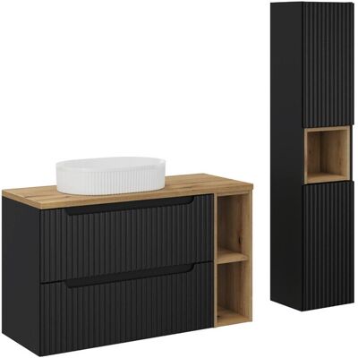 Set mobilier baie Nova Black Beyond 100 cm, dulap inalt si masca cu lavoar, Comad, MDF/PAL, negru/stejar Set mobilier baie Nova Black Beyond 100 cm, dulap inalt si masca cu lavoar, Comad, MDF/PAL, negru/stejar