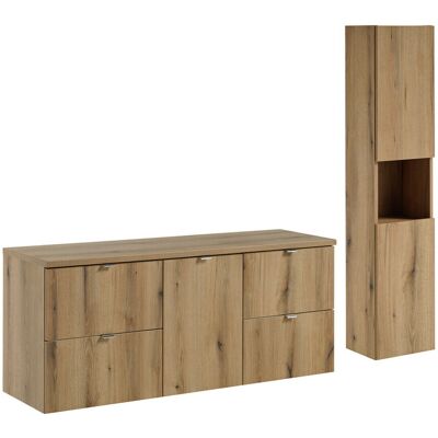 Set mobilier baie, Nova Oak 140 cm, dulap inalt si masca dubla pentru lavoar, Comad, PAL, stejar Set mobilier baie, Nova Oak 140 cm, dulap inalt si masca dubla pentru lavoar, Comad, PAL, stejar