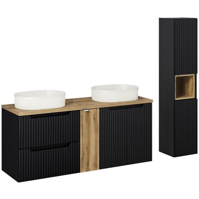 Set mobilier baie Nova Black Beyond 140 cm, dulap inalt si masca dubla cu lavoar, Comad, MDF/PAL, negru/stejar Set mobilier baie Nova Black Beyond 140 cm, dulap inalt si masca dubla cu lavoar, Comad, MDF/PAL, negru/stejar