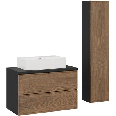 Set mobilier baie Talia Casella 80 cm, dulap inalt si masca cu lavoar, Comad, MDF/PAL, stejar/negru mat Set mobilier baie Talia Casella 80 cm, dulap inalt si masca cu lavoar, Comad, MDF/PAL, stejar/negru mat