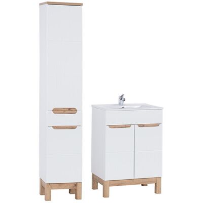 Set mobilier baie Bali White Lava 60 cm, dulap inalt si masca cu lavoar, Comad, MDF/PAL, alb Set mobilier baie Bali White Lava 60 cm, dulap inalt si masca cu lavoar, Comad, MDF/PAL, alb