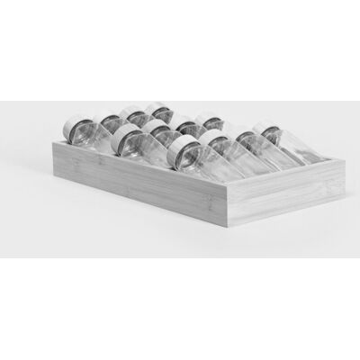 Set 12 recipiente pentru condimente si suport Forcina, Homla, 110 ml, 40x20x11 cm, bambus/sticla, natur/transparent Set 12 recipiente pentru condimente si suport Forcina, Homla, 110 ml, 40x20x11 cm, bambus/sticla, natur/transparent