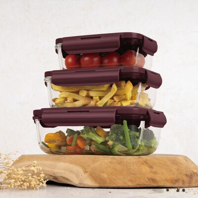 Set 3 caserole cu capac Berlinger Haus, Leonardo, 570 ml / 840 ml / 1.18 L, sticla/plastic, transparent/visiniu Set 3 caserole cu capac Berlinger Haus, Leonardo, 570 ml / 840 ml / 1.18 L, sticla/plastic, transparent/visiniu
