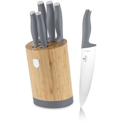 Set 5 cutite cu suport rotund Berlinger Haus, Aspen, inox/bambus, gri mat/natur Set 5 cutite cu suport rotund Berlinger Haus, Aspen, inox/bambus, gri mat/natur