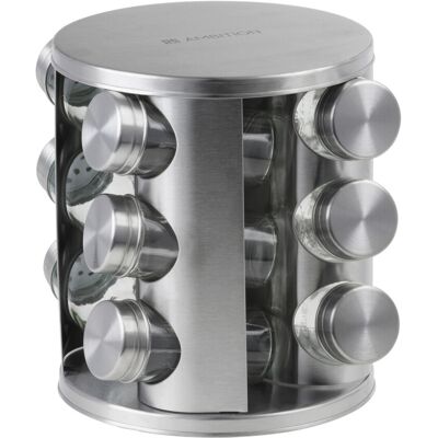 Set 12 recipiente pentru condimente cu suport Cleo, Ambition, 17.5x17.5x19.5 cm, inox/sticla, argintiu/transparent Set 12 recipiente pentru condimente cu suport Cleo, Ambition, 17.5x17.5x19.5 cm, inox/sticla, argintiu/transparent