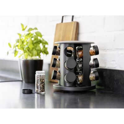 Set 12 recipiente pentru condimente si suport Bruna, Wenko, 18.5x21.5 cm, sticla/metal/polipropilena, negru/transparent Set 12 recipiente pentru condimente si suport Bruna, Wenko, 18.5x21.5 cm, sticla/metal/polipropilena, negru/transparent