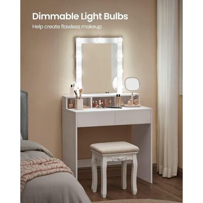 Masa de toaleta / machiaj cu oglinda si iluminare LED, Vasagle, 80 x 40 x 145 cm, PAL/sticla, alb Masa de toaleta / machiaj cu oglinda si iluminare LED, Vasagle, 80 x 40 x 145 cm, PAL/sticla, alb