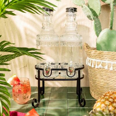 Set 2 dozatoare pentru bauturi cu suport Emica, Homla, 2x2 L, sticla/metal, transparent/negru Set 2 dozatoare pentru bauturi cu suport Emica, Homla, 2x2 L, sticla/metal, transparent/negru
