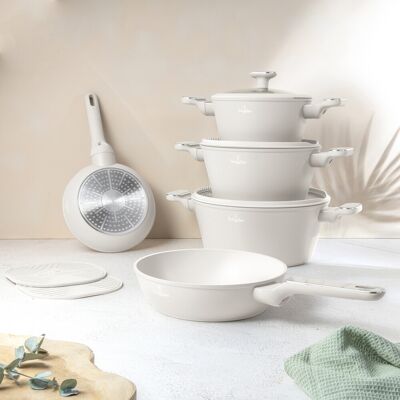 Set pentru gatit Berlinger Haus, Sahara Marble, 10 piese, aluminiu forjat, crem mat/marmura Set pentru gatit Berlinger Haus, Sahara Marble, 10 piese, aluminiu forjat, crem mat/marmura