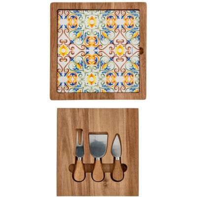 Set servire branzeturi, tocator si cutite, Medicea, Brandani, 24x24 cm, lemn de salcam/ceramica/inox Set servire branzeturi, tocator si cutite, Medicea, Brandani, 24x24 cm, lemn de salcam/ceramica/inox