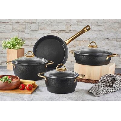 Noble Life Set vase pentru gatit, Hermia, 721NBL3106, Manere nituite din otel inoxidabil, Negru Noble Life Set vase pentru gatit, Hermia, 721NBL3106, Manere nituite din otel inoxidabil, Negru