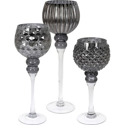 Excellent Houseware Set 3 suporturi pentru lumanari Emnossments, sticla, negru Excellent Houseware Set 3 suporturi pentru lumanari Emnossments, sticla, negru