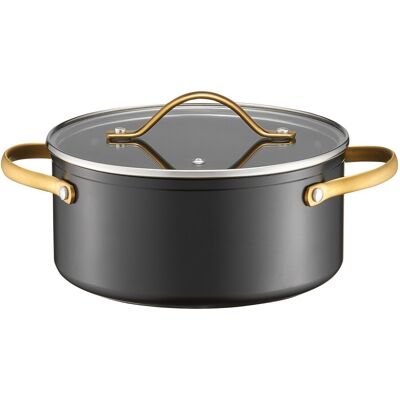 Oala cu capac Royal Gold, Ambition, 28 cm, 7.5 L, aluminiu forjat, strat antiaderent Qualum Basic, gri/auriu Oala cu capac Royal Gold, Ambition, 28 cm, 7.5 L, aluminiu forjat, strat antiaderent Qualum Basic, gri/auriu