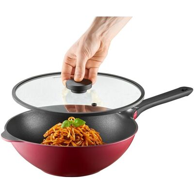 Tigaie Wok cu capac Noel, Ambition, 30 cm, aluminiu, visiniu/negru Tigaie Wok cu capac Noel, Ambition, 30 cm, aluminiu, visiniu/negru