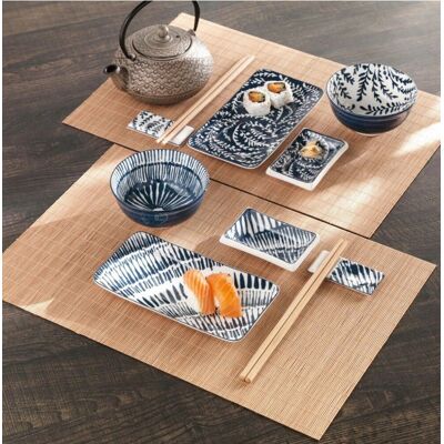 Set pentru sushi 12 piese Brandani, V1 model cu frunze, pentru 2 persoane, portelan/bambus Set pentru sushi 12 piese Brandani, V1 model cu frunze, pentru 2 persoane, portelan/bambus