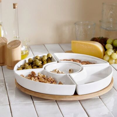 Platou servire cu tava rotativa Fincan, Homla, 30 cm, portelan/bambus, alb/natur Platou servire cu tava rotativa Fincan, Homla, 30 cm, portelan/bambus, alb/natur