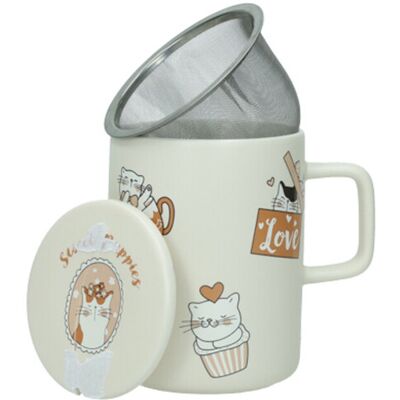 Cana cu infuzor si capac, Cats, Brandani, 8x11.5 cm, portelan New Bone China/inox Cana cu infuzor si capac, Cats, Brandani, 8x11.5 cm, portelan New Bone China/inox