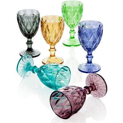 Set 6 pahare cu picior, Diamante, Brandani, 250 ml, sticla, multicolor Set 6 pahare cu picior, Diamante, Brandani, 250 ml, sticla, multicolor