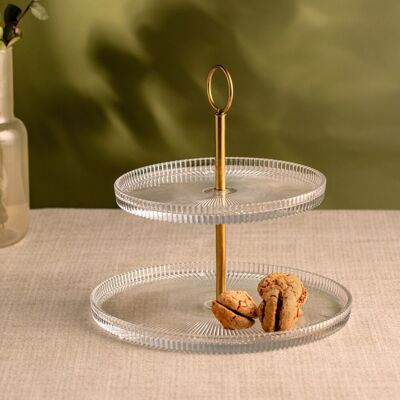 Platou etajat pentru prajituri Lynn, Homla, 19.5/23x25 cm, sticla/inox, auriu/transparent Platou etajat pentru prajituri Lynn, Homla, 19.5/23x25 cm, sticla/inox, auriu/transparent