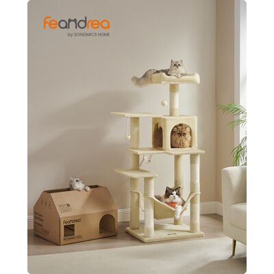 Ansamblu de joaca pisici / arbore pentru pisici, Feandrea, cu rampa pentru zgariat, 55x45x143 cm, PAL/plus/sisal, bej Ansamblu de joaca pisici / arbore pentru pisici, Feandrea, cu rampa pentru zgariat, 55x45x143 cm, PAL/plus/sisal, bej