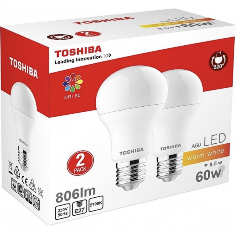 Toshiba LED E27 60W 806 Lumen 2 st Belysning