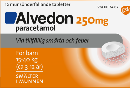 Alvedon, munsönderfallande tablett 250 mg 12 st (15-40 kg)