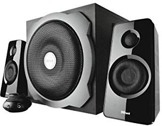 T521 Trust Tytan 2.1 Kraftfullt 2.1 Högtalarsystem med Bubwoofer i Trä, Fjärrkontroll och en Uteffekt på 60 W RMS (120 W toppeffekt) Svart T521 Trust Tytan 2.1 Kraftfullt 2.1 Högtalarsystem med Bubwoofer i Trä, Fjärrkontroll och en Uteffekt på 60 W RMS (120 W toppeffekt) Svart