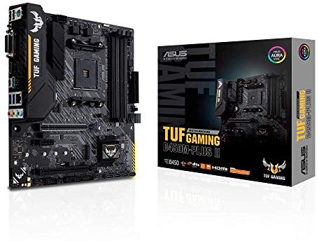 TUF GAMING B450M-PLUS II Asus  moderkortsuttag AM4 (mATX, AMD Ryzen, DDR4-minne, M.2, USB 3.1 Gen1 Gen2 Aura Sync, Ai brusreducerande mikrofon)