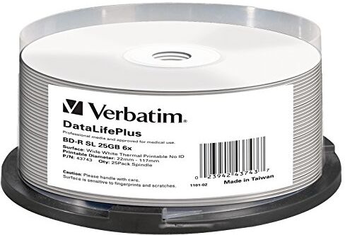 0023942437437 Verbatim BD-R Blu-ray Disc – 25 GB, 6 gånger brännhastighet och termiskt tryck – No ID Brand, 25-pack spindel 0023942437437 Verbatim BD-R Blu-ray Disc – 25 GB, 6 gånger brännhastighet och termiskt tryck – No ID Brand, 25-pack spindel