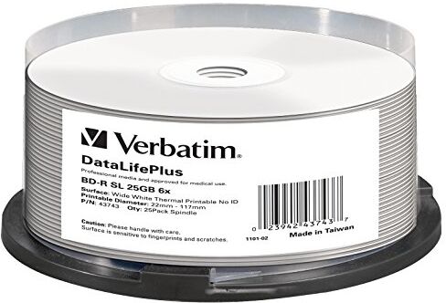 0023942437437 Verbatim BD-R Blu-ray Disc – 25 GB, 6 gånger brännhastighet och termiskt tryck – No ID Brand, 25-pack spindel