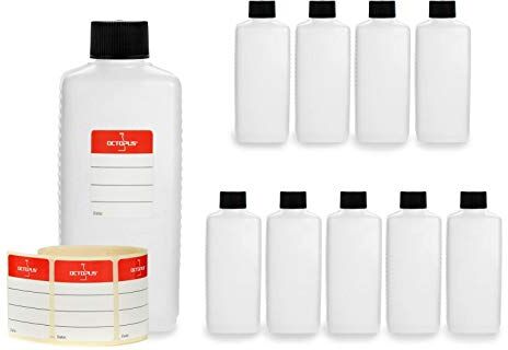 Octopus 10x 250 ml  plastflaskor, HDPE plastflaskor med svarta skruvlock, tomma flaskor med svarta skruvlock, fyrkantiga flaskor inkl. etiketter Octopus 10x 250 ml  plastflaskor, HDPE plastflaskor med svarta skruvlock, tomma flaskor med svarta skruvlock, fyrkantiga flaskor inkl. etiketter