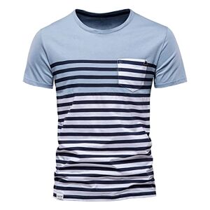 MODGE Herrskjortor herr kortärmad T-shirt sommar 100 % bomull kontrast färg randig tryck herr T-shirts (färg: blå, storlek: XXXL)
