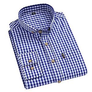 HYPAW Rutiga långärmade skjortor för män bomull lediga herrskjortor normal passform rutig skjorta mjuk bekväm man (färg: Toco603 blå, storlek: 38)