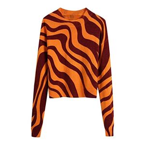 MODGE Damtröja dam mode jacquard beskuren stickad tröja vintage o-hals långärmad damtröja eleganta toppar (färg: orange, storlek: US-S)