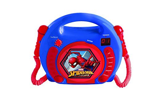 Lexibook Marvel Spider-Man Peter Parker CD-spelare med 2 leksakmikrofoner, hörlursuttag. Batteridriven, blå/röd, RCDK100SP