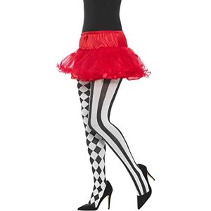 Amakando Damstrumpbyxor svart vit – en storlek för vuxna – finstrumpbyxor clown tillbehör cirkelformad kostym dam tights schackbräda randig röd kostym tillbehör iögonfallande harlekin strumpbyxor